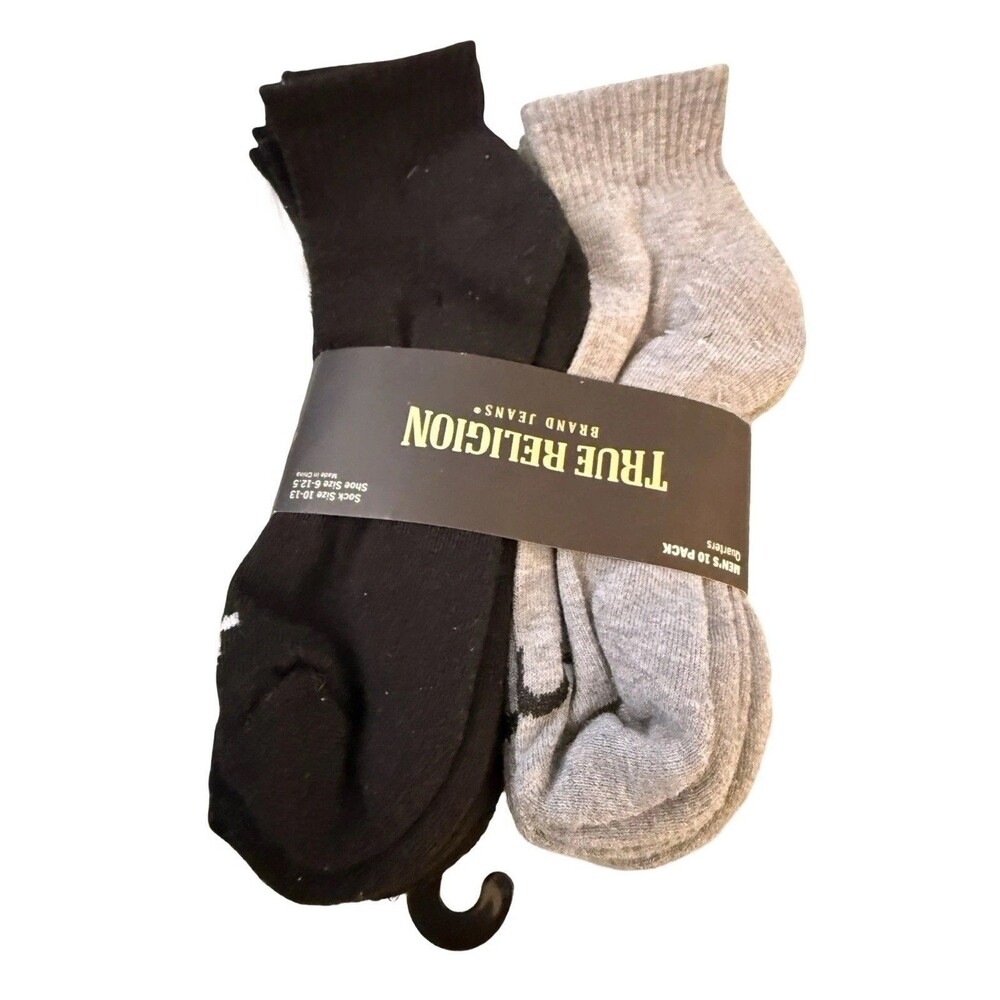 True Religion Socks 10 pr Low Quarter Athletic Gray Black Socks Men's 6-12.5 New